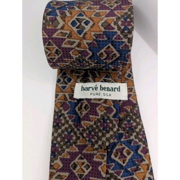 Harvé Benard Silk Tie Multicolor Geometric Aztec Print Necktie Wide Vintage - Picture 2 of 2